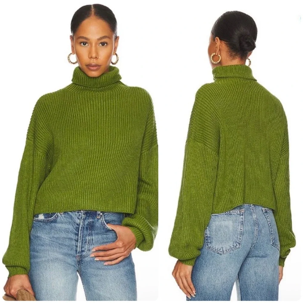Superdown Womens‎ Green Ribbed Turtleneck Cropped Madison Pullover Sweater XS